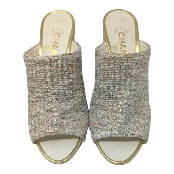 Chanel 2018 Mules Metallic Tweed Interlocking CC Logo Slide Neutral 37.5 - Picture 4 of 14